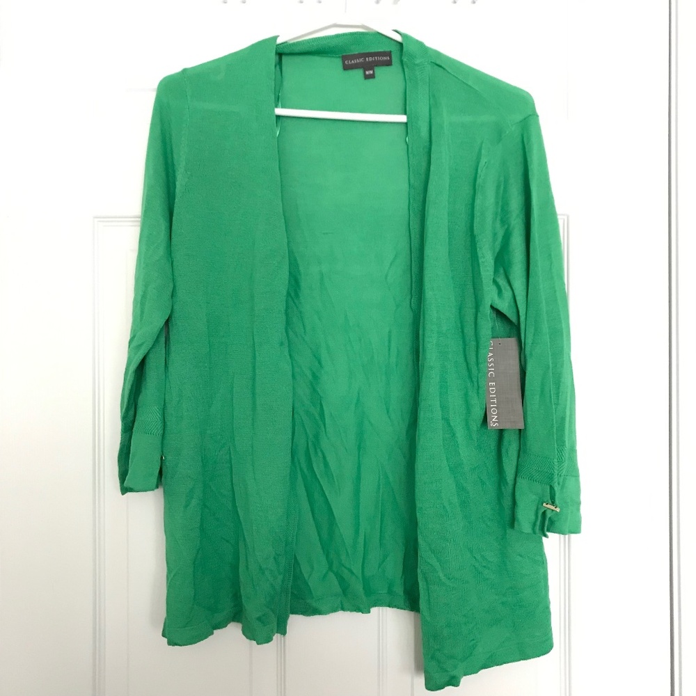 NWT CLASSIC EDITIONS Cardigan M Long Sleeve Cuff Accents Green